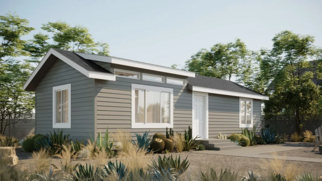 A rendering of a tiny house in the desert.