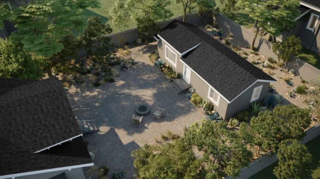 A 3d rendering of a backyard with a fire pit.